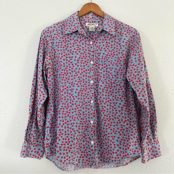🦋 Eddie Bauer Button Down Long Sleeve Blue Red Floral Small - Picture 1 of 4